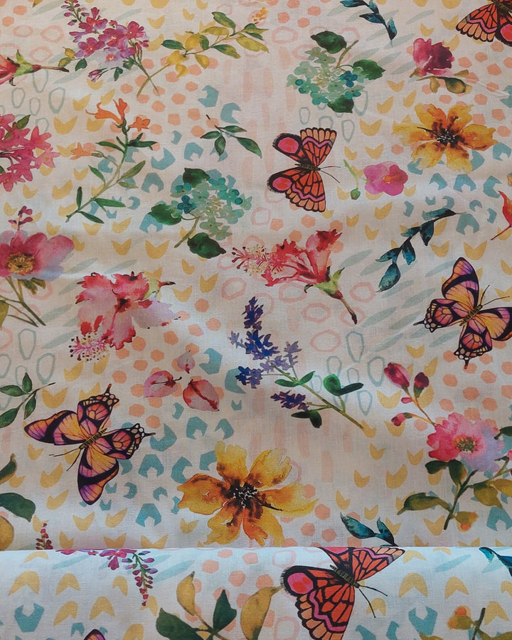 Poplin - Blomster & sommerfugl
