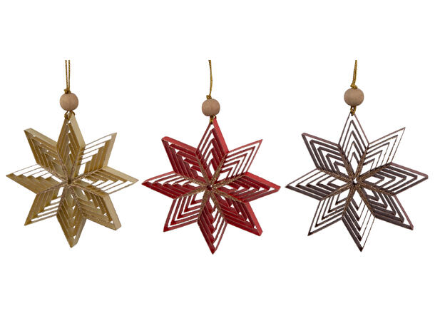 3pk papirstjerne m/glitter rød/burg/krem